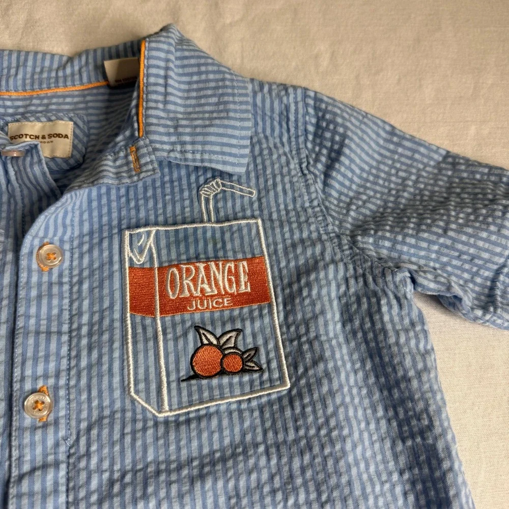 Scotch and Soda Boys Blue Seersucker Orange Juice Button Down Shirt Kids 8